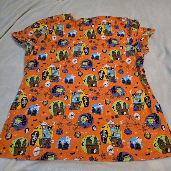 Halloween Dickies Womens Scrub Top XL Pumpkin Frankenstein Ghost Haunted House - Picture 15 of 15
